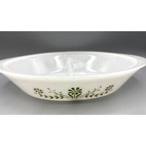 Vintage Glasbake Green Floral Daisy Divided Casserole Milk‎ Glass